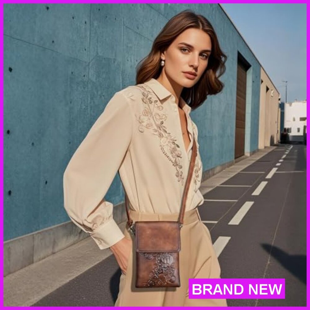 Trendy Vegan Leather Crossbody Bag Embossed Floral Design Phone Purse - Picture 2 of 7